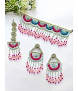 Green-Pink Handmade Beaded Jewelery Set for Haldi/mehndi