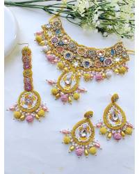 Buy Online Crunchy Fashion Earring Jewelry Pink-Yellow Floral Jewelry Set for Bridal Haldi-Mehndi, Handmade Pearl Flower Kaleere Handmade Beaded Jewellery CFFS0042