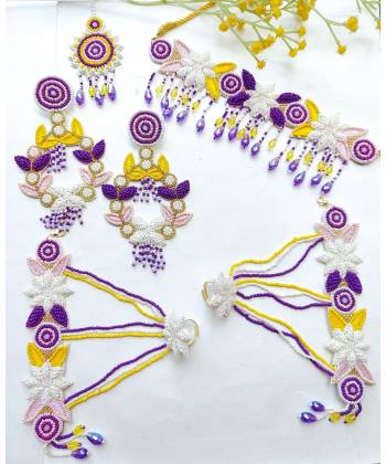 Purple-Yellow-Peach Floral Handmade Haldi Jewellery Set for Wom...Expand