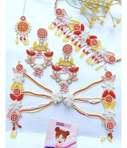 Buy Online Crunchy Fashion Earring Jewelry Red-Yellow-White Handmade Beaded Floral Jewelry Set for Haldi, Mehndi Handmade Beaded Jewellery CFS0557