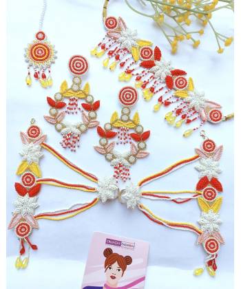 Red-Yellow-White Handmade Beaded Floral Jewelry Set for Haldi, Mehndi