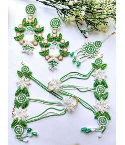 Green-White Beaded Floral Jewellery Set for Mehndi /Haldi