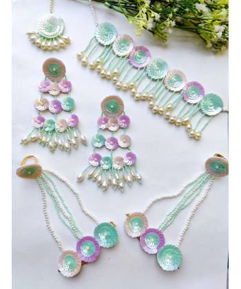 Peach-Mint Green Handmade Sequence Flowers Jewellery Sets