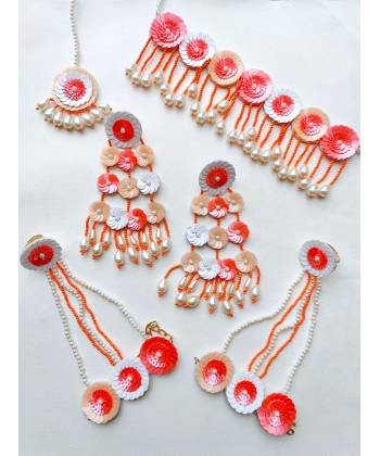Peach-Orange Handmade Sequence Flowers Jewellery Set