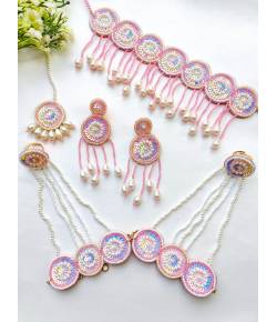 Pink Floral Handmade Beaded Jewellery Set for Haldi,Mehndi,