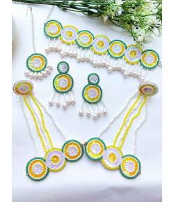 Handmade Yellow-Green Floral Beaded Jewellery Set for Haldi