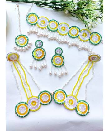 Handmade Yellow-Green Floral Beaded Jewellery Set for Haldi