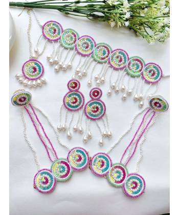 Purple-Green Handmade Beaded Floral Jewellery Set for Haldi &