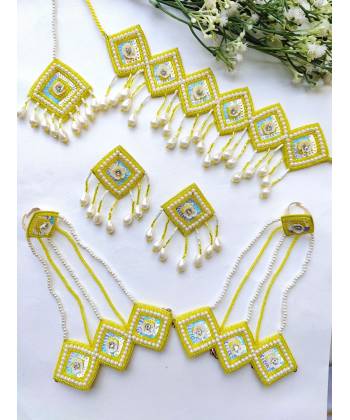 Yellow-White Handmade Beaded Jewellery Set for Haldi-Mehndi