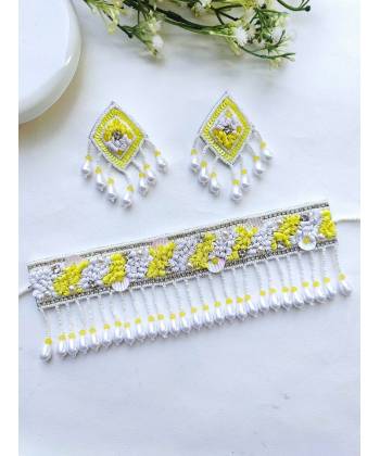 Yellow-White Blossom Floral Haldi Beaded Choker Necklace