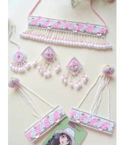 Elegant Handmade Pink Floral Jewelry Set for Haldi & Mehndi