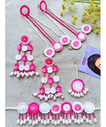 Handcrafted Pink & White Beaded Floral Jewelry Set for Women's Wedding and Party