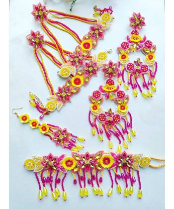 Pink-yellow Bridal Jewelry Set - Handmade Fusion Haldi-Mehndi Jewellery for the Brides