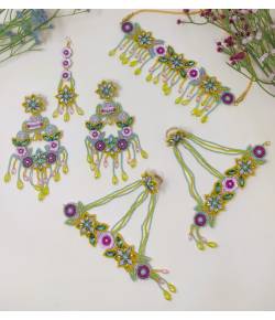 Yellow-Mint Green Handmade Floral Haldi-Mehndi Jewellery Set in for Women