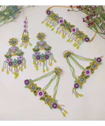 Yellow-Mint Green Handmade Floral Haldi-Mehndi Jewellery Set in for Women