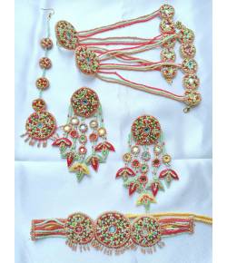 Buy Online Crunchy Fashion Earring Jewelry Pastel Peach-Mint Green Handmade Haldi Mehndi Jewellery Set for Bride Handmade Beaded Jewellery CFS0586