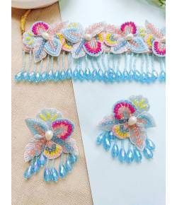 Baby Pink-Sky Blue Floral Haldi Bridal Jewellery Set for Women