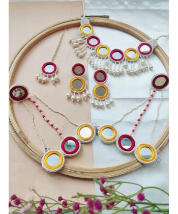 Pink-Yellow Handmade Mirror Work Jewellery Set for Haldi