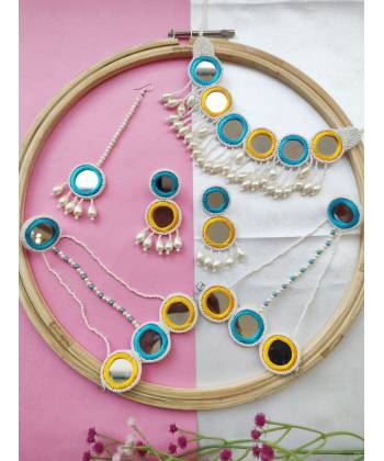 Blue-Yellow Handmade Mirror Bridal Haldi Mehndi Jewellery