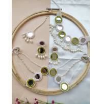 Baby Pink-Green Handmade Mirror Work Jewellery Set for