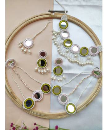Baby Pink-Green Handmade Mirror Work Jewellery Set for