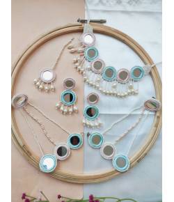 Pastel Pink-Sky Blue Hand embraided Mirror Jewellery Set
