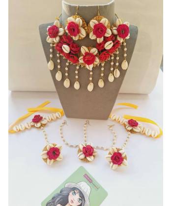 Beautiful Red Floral Shells Haldi-Mehndi Jewelry Sets For Brides