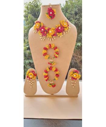 Pink-Yellow Floral Jewellery Set for Haldi Mehndi Baby SHower