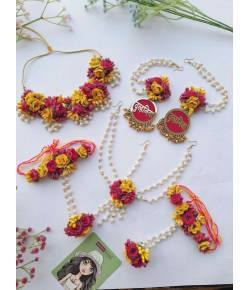 Dulhaniya's Pink-Yellow Floral Haldi-Mehndi Jewelry Set for