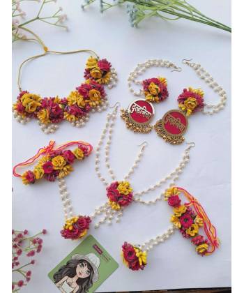 Dulhaniya's Pink-Yellow Floral Haldi-Mehndi Jewelry Set for