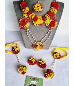 Elegant Red-Yellow Floral Bridal Jewelry Set for Haldi,Mehndi,