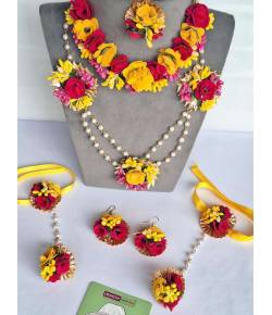 Gorgeous Hot Pink-Yellow Floral Bridal Jewelry Sets For Haldi,