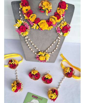 Gorgeous Hot Pink-Yellow Floral Bridal Jewelry Sets For Haldi,