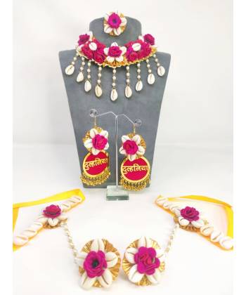 Pink-White Dulhaniya Floral Haldi-Mehndi Jewelry Set for