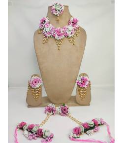 Baby Pink-White Floral Haldi-Mehndi Jewellery Set with Ear