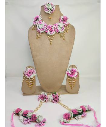 Baby Pink-White Floral Haldi-Mehndi Jewellery Set with Ear