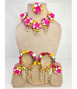 Pink-Yellow Floral Kaleere Bridal Jewellery Set for Haldi-Mehndi