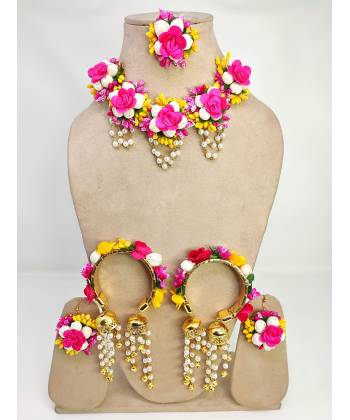 Pink-Yellow Floral Kaleere Bridal Jewellery Set for Haldi-Mehndi