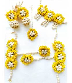 Buy Online Crunchy Fashion Earring Jewelry Yellow-White Floral Haldi Jewellery Set for Women - Haldi-Meh... Handmade Beaded Jewellery CFS0635