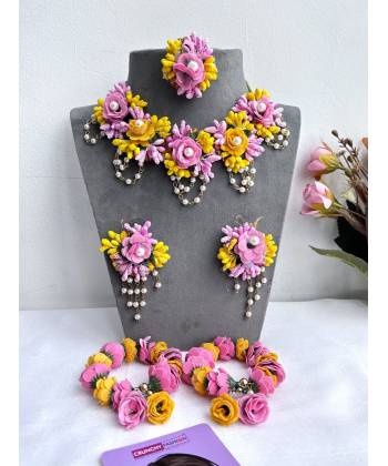 Floral Fiesta: Multicolor Beaded and Pearl Jewelry Set for Bridal Haldi and Mehndi