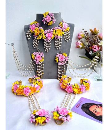 Yellow-Pink Haldi-Mehndi Floral Jewellery Set for Women