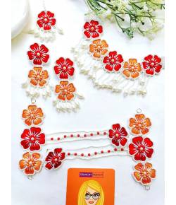 Red-Orange Handmade Floral Bridal Jewelry Set for Haldi,Mehndi