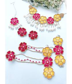 Handmade Pink-Yellow Floral Jewellery Set for Haldi and Mehndi
