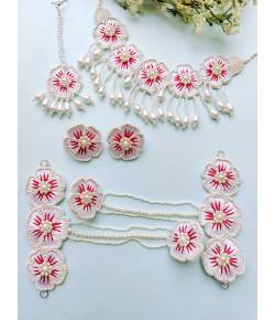 White-Pink Handmade Floral Bridal Jewelry Set For Haldi & Mehndi