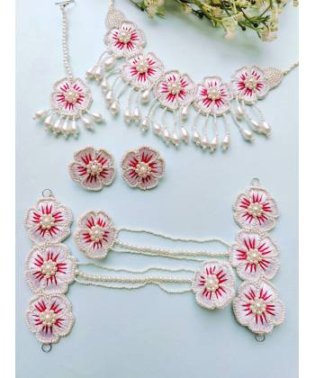 White-Pink Handmade Floral Bridal Jewelry Set For Haldi & Mehndi