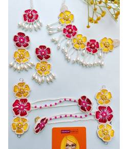 Pink-Yellow handmade HALDI,MEHNDI,Baby Shower Jewellery Set for Women