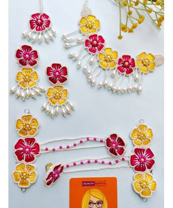 Pink-Yellow handmade HALDI,MEHNDI,Baby Shower Jewellery Set for Women