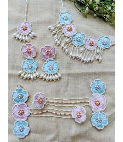 Blossom 2.0: Pink-Sky Blue Haldi Mehndi Floral Jewellery Set for Brides, Baby Shower