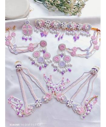 Kanika Haldi Jewellery Set- Lavender-Pink Necklac Full Necklace Set with Ear Chains