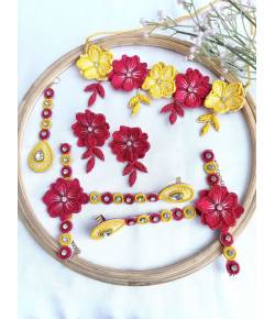 Pink-Yellow Handmade Designer Floral Jewelry Set for Haldi-Mehndi